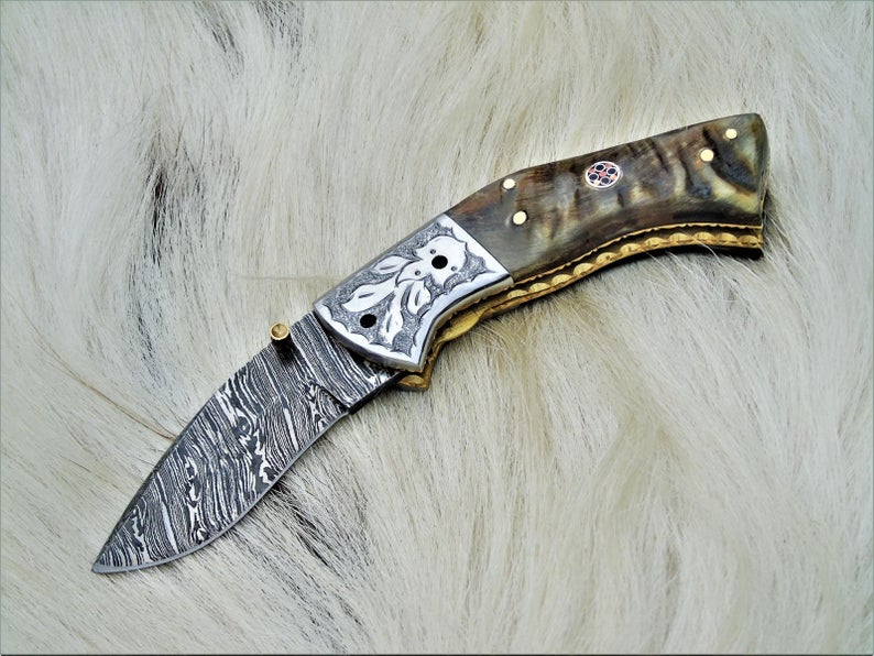 |NB KNIVES| CUSTOM HADNMADE DAMASCUS POCKET KNIFE WITH LEATHER SHEATH