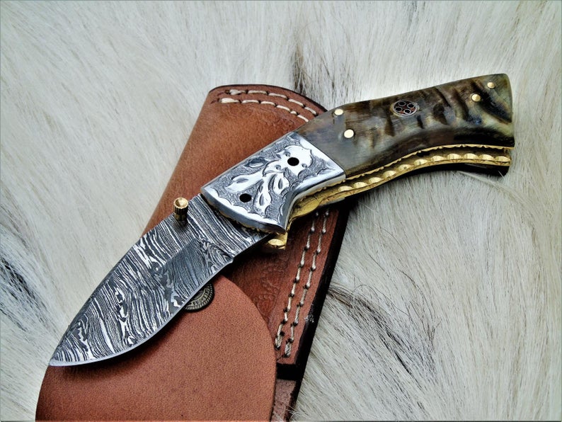 |NB KNIVES| CUSTOM HADNMADE DAMASCUS POCKET KNIFE WITH LEATHER SHEATH