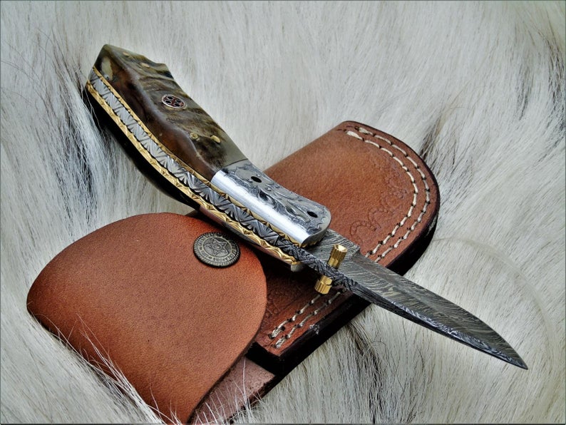|NB KNIVES| CUSTOM HADNMADE DAMASCUS POCKET KNIFE WITH LEATHER SHEATH