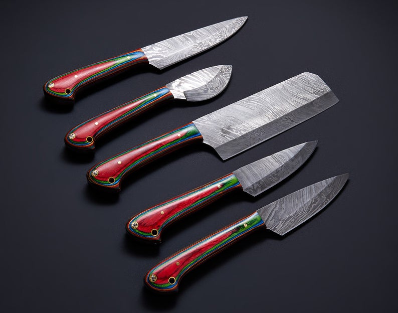 CUSTOM HANDMADE DAMASCUS STEEL CHEF SET WITH LEATHER ROLL KIT