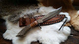 Damascus Steel Knife, Large Dependable Bowie Blade, 13 3/4" Long 8 1/4" Blade, Crown Stag Handle, Hand Forged