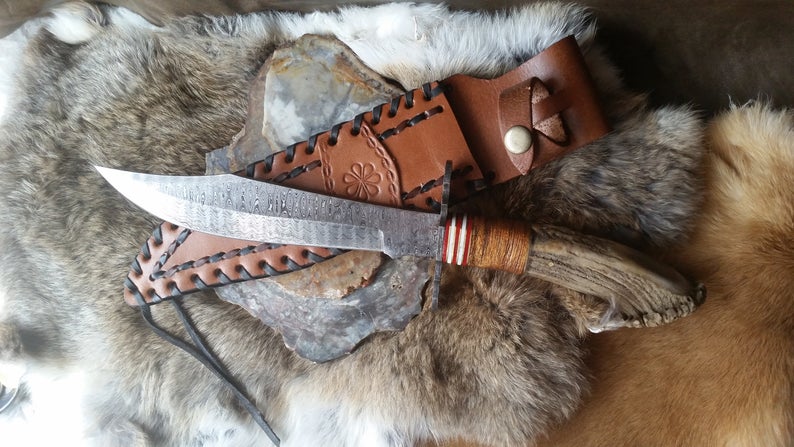 Damascus Steel Knife, Large Dependable Bowie Blade, 13 3/4" Long 8 1/4" Blade, Crown Stag Handle, Hand Forged