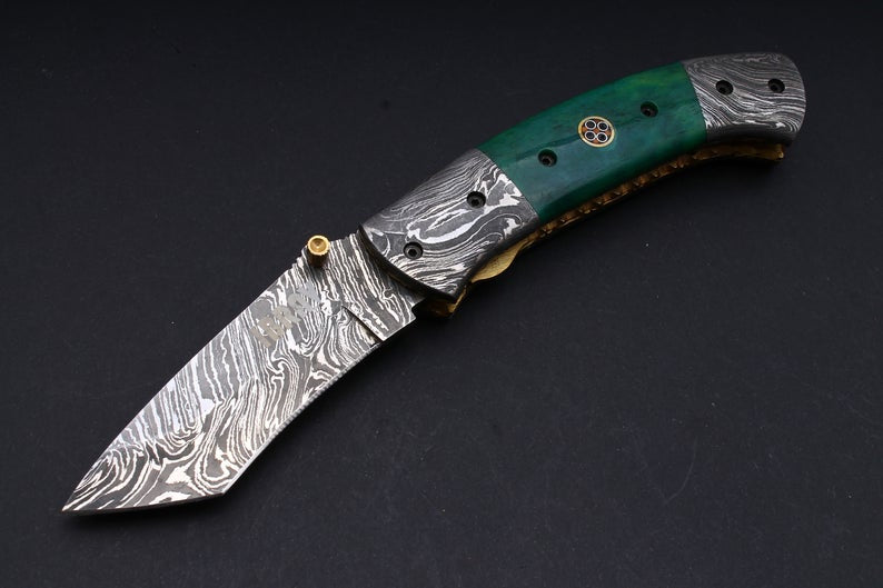 CUSTOM HANDMADE DAMASCUS POCKET KNIFE WITH LEATHER SHEATH