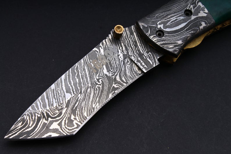 CUSTOM HANDMADE DAMASCUS POCKET KNIFE WITH LEATHER SHEATH