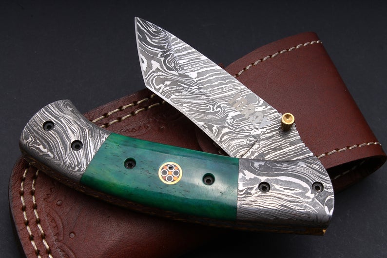 CUSTOM HANDMADE DAMASCUS POCKET KNIFE WITH LEATHER SHEATH