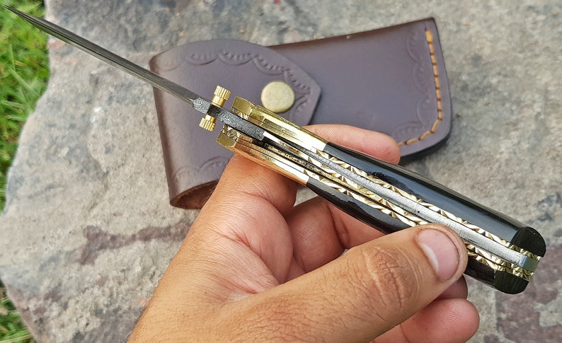 CUSTOM HANDMADE DAMASCUS POCKET KNIFE WITH LEATHER SHEATH
