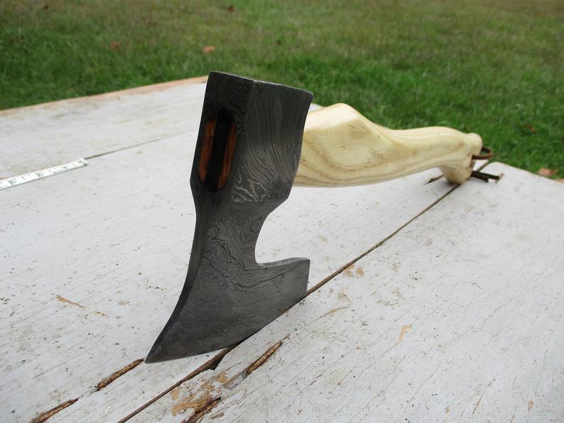 |NB KNIVES| CUSTOM HANDMADE DAMASCUS STEEL AXE WITH LEATHER SHEATH