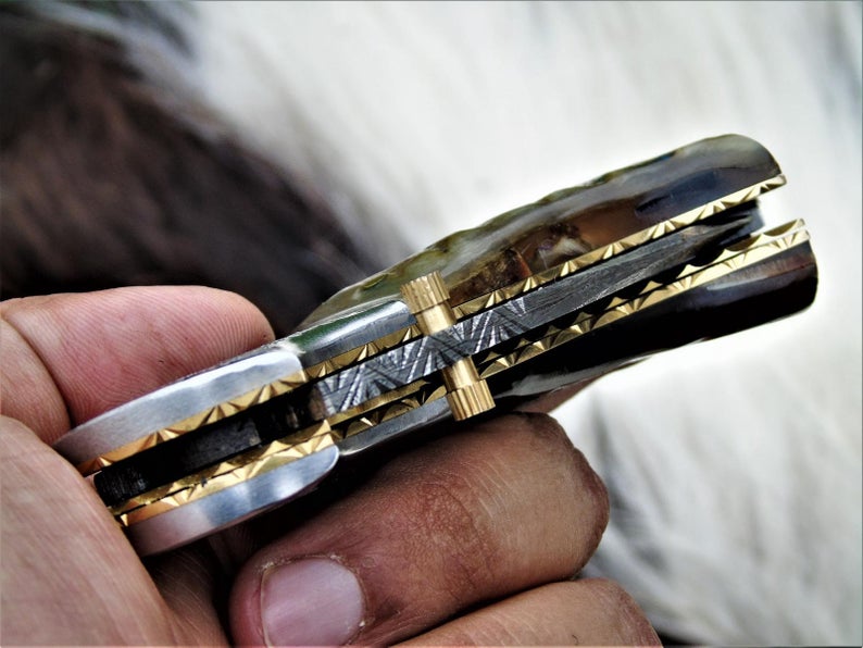 |NB KNIVES| CUSTOM HADNMADE DAMASCUS POCKET KNIFE WITH LEATHER SHEATH
