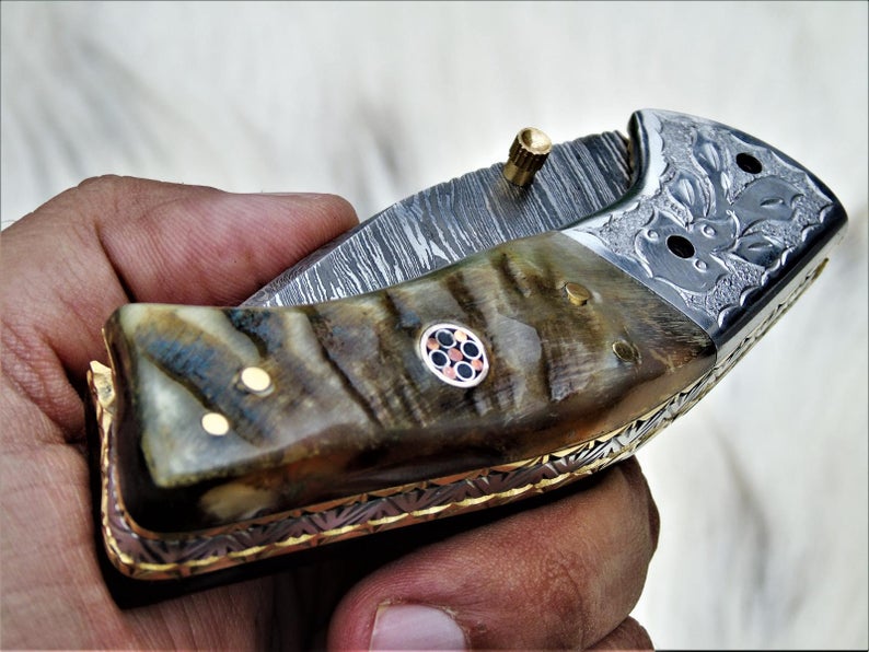 |NB KNIVES| CUSTOM HADNMADE DAMASCUS POCKET KNIFE WITH LEATHER SHEATH