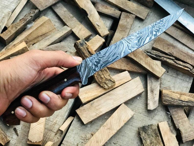 |NB Knives| CUSTOM HANDMADE DAMASCUS FISHING FILLET KNIFE WITH LEATHER SHEATH