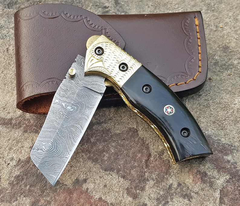 CUSTOM HANDMADE DAMASCUS POCKET KNIFE WITH LEATHER SHEATH