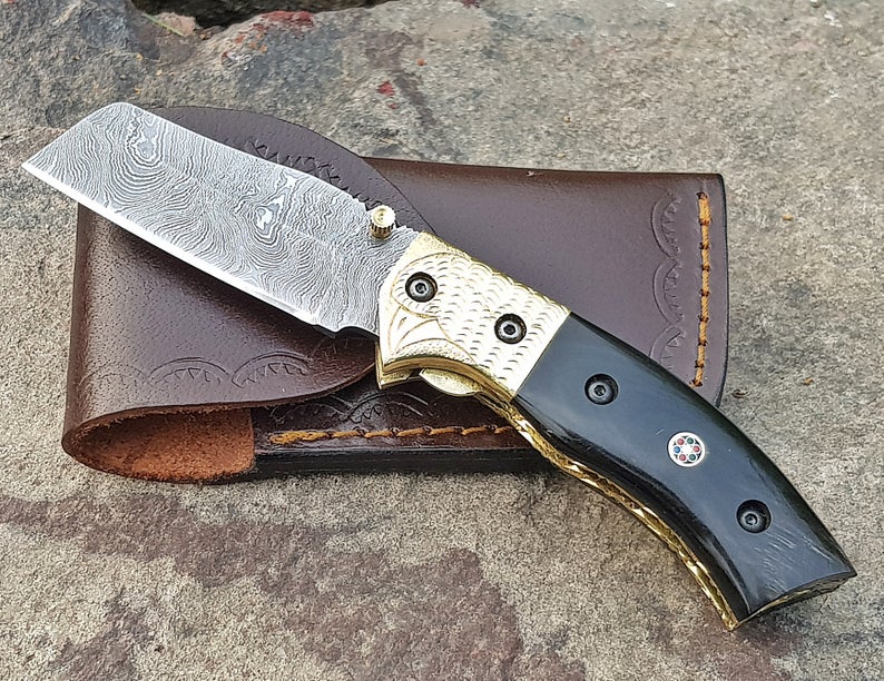CUSTOM HANDMADE DAMASCUS POCKET KNIFE WITH LEATHER SHEATH