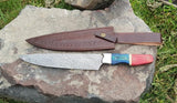 |NB KNIVES| CUSTOM HANDMADE DAMASCUS CHEF KNIFE WITH LEATHER SHEATH