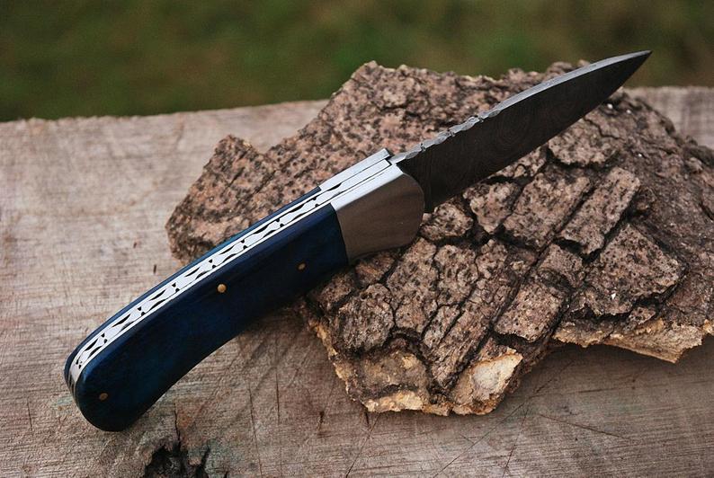|NB KNIVES| CUSTOM HANDMADE DAMASCUS STEEL POCKET KNIFE WITH LEATHER SHEATH