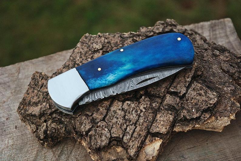 |NB KNIVES| CUSTOM HANDMADE DAMASCUS STEEL POCKET KNIFE WITH LEATHER SHEATH