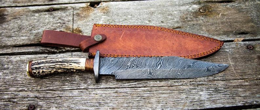 |NB KNIVES| CUSTOM HANDMADE DAMASCUS STEEL STAG HORN HUNTING KNIFE WITH LEATHER SHEATH
