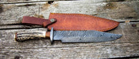 |NB KNIVES| CUSTOM HANDMADE DAMASCUS STEEL STAG HORN HUNTING KNIFE WITH LEATHER SHEATH