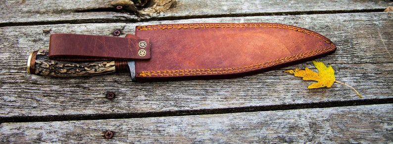 |NB KNIVES| CUSTOM HANDMADE DAMASCUS STEEL STAG HORN HUNTING KNIFE WITH LEATHER SHEATH