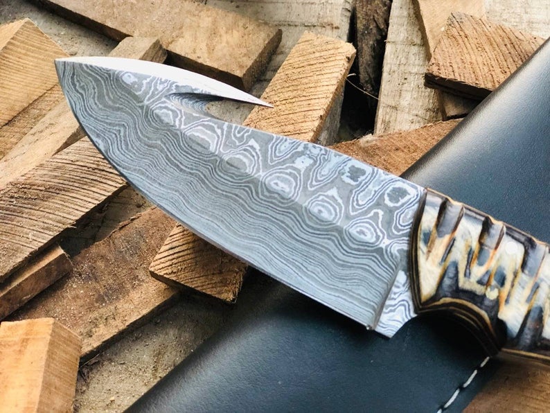 CUSTOM HANDMADE DAMASCUS GUTHOOK HUNTING KNIFE HANDLE MICARTA