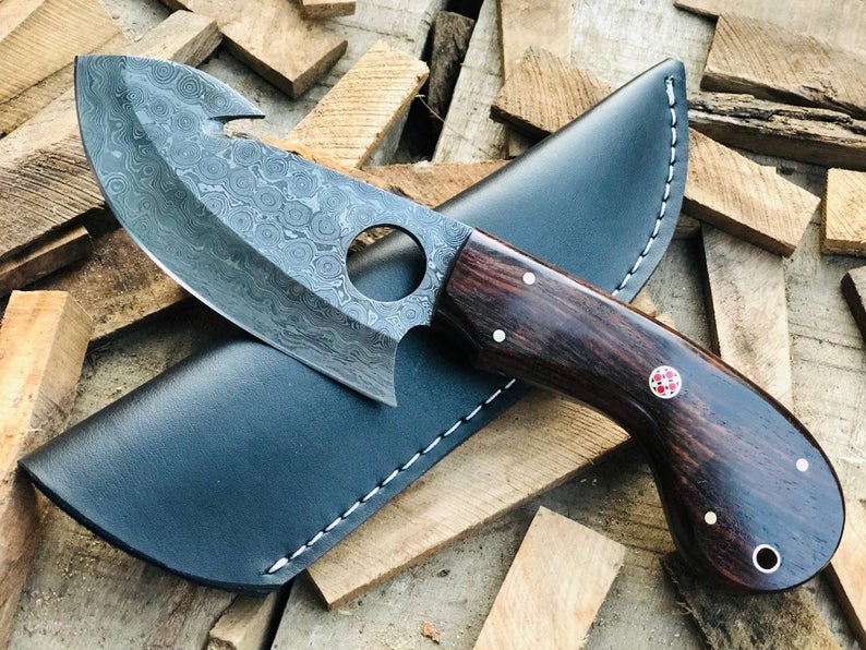 |NB KNIVES| CUSTOM HANDMADE DAMASCUS GUTHOOK HUNTING KNIFE Handle Rose Wood