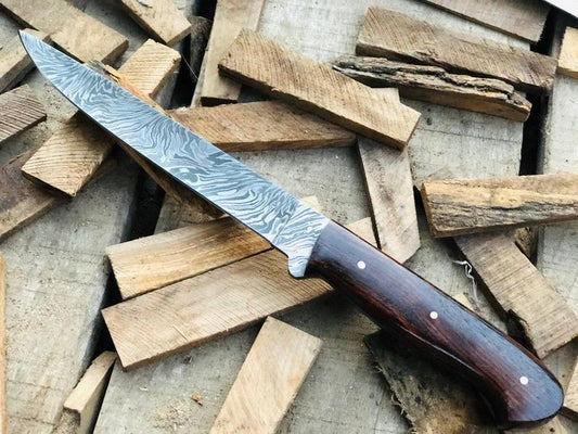 Damascus Fish Fillet Knife with Rosewood Handle & Leather Sheath