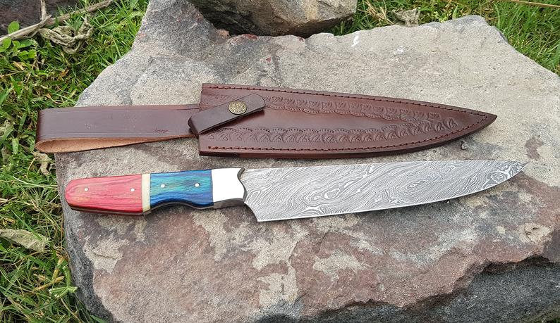 |NB KNIVES| CUSTOM HANDMADE DAMASCUS CHEF KNIFE WITH LEATHER SHEATH