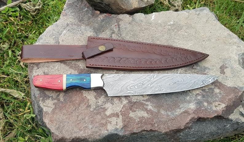 |NB KNIVES| CUSTOM HANDMADE DAMASCUS CHEF KNIFE WITH LEATHER SHEATH