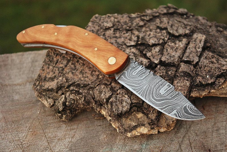 |NB KNIVES| CUSTOM HANDMADE DAMASCUS POCKET KNIFE WITH LEATHER SHEATH