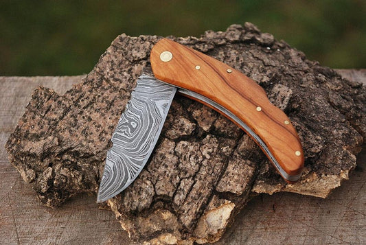 |NB KNIVES| CUSTOM HANDMADE DAMASCUS POCKET KNIFE WITH LEATHER SHEATH