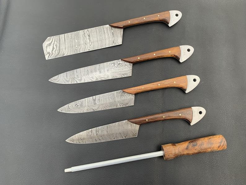 |NB KNIVES| CUSTOM HANDMADE DAMASCUS 5 PCS CHEF SET WITH LEATHER ROLL KIT