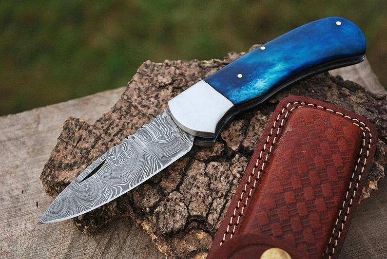 |NB KNIVES| CUSTOM HANDMADE DAMASCUS STEEL POCKET KNIFE WITH LEATHER SHEATH