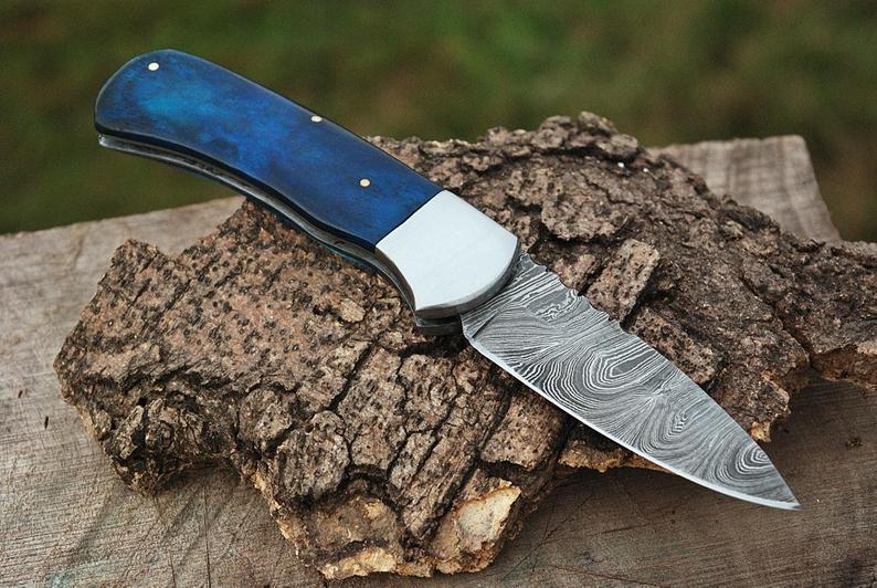 |NB KNIVES| CUSTOM HANDMADE DAMASCUS STEEL POCKET KNIFE WITH LEATHER SHEATH