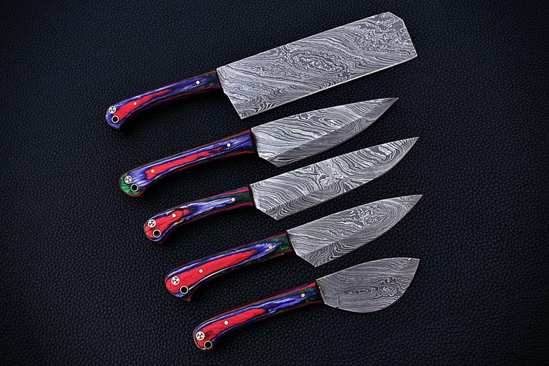 |NB KNIVES| CUSTOM HANDMADE DAMASCUS 5 PCS CHEF SET WITH LEATHER ROLL KIT