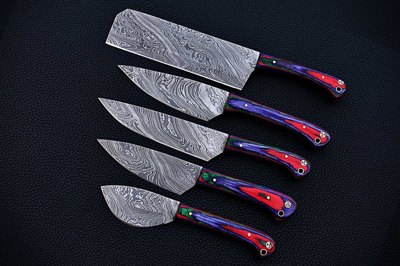 |NB KNIVES| CUSTOM HANDMADE DAMASCUS 5 PCS CHEF SET WITH LEATHER ROLL KIT
