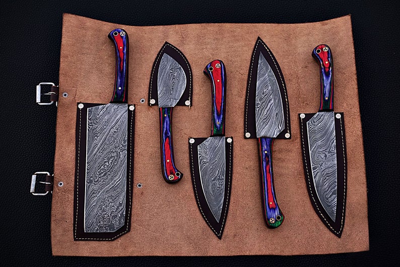 |NB KNIVES| CUSTOM HANDMADE DAMASCUS 5 PCS CHEF SET WITH LEATHER ROLL KIT