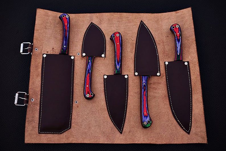 |NB KNIVES| CUSTOM HANDMADE DAMASCUS 5 PCS CHEF SET WITH LEATHER ROLL KIT
