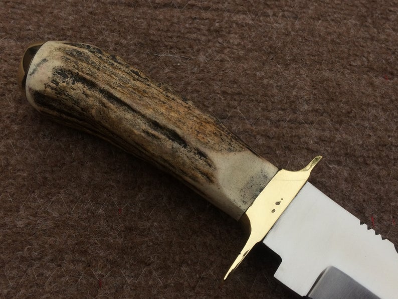 |NB KNIVES| CUSTOM HANDMADE D2 STEEL STAG HORN HUNTING KNIFE WITH LEATHER SHEATH