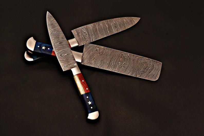 |NB KNIVES| CUSTOM HANDMADE DAMASCUS STEEL 4 PCS TEXAS HANDLE CHEF SET WITH LEATHER ROLL KIT