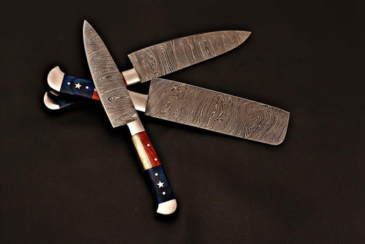 |NB KNIVES| CUSTOM HANDMADE DAMASCUS STEEL 4 PCS TEXAS HANDLE CHEF SET WITH LEATHER ROLL KIT
