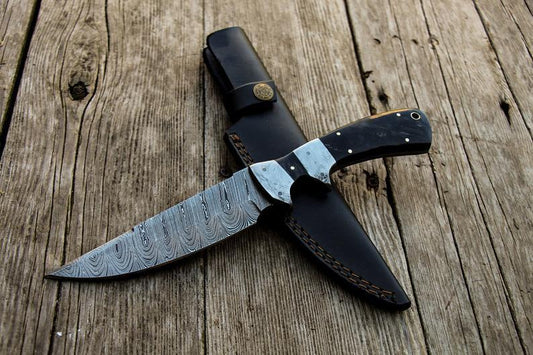 Custom Handmade Damascus Skinner Knife with Pakka Wood Handle & Leather Sheath