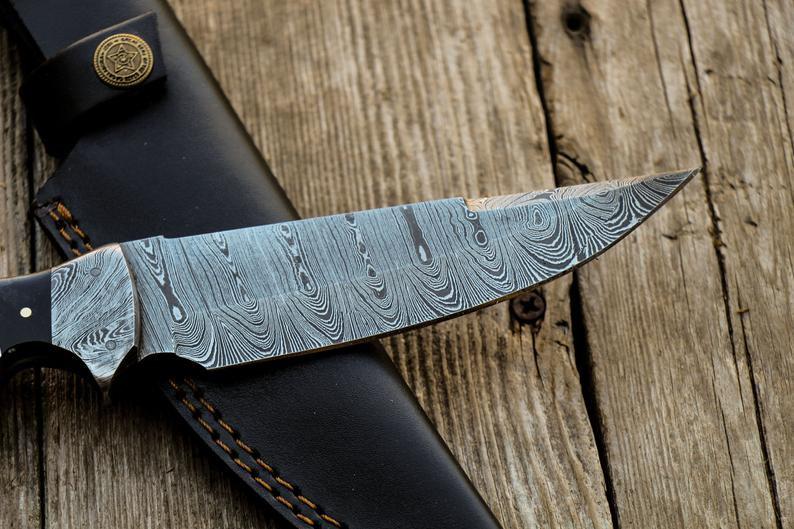 Custom Handmade Damascus Skinner Knife with Pakka Wood Handle & Leather Sheath