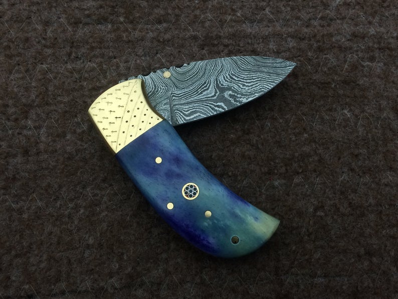 |NB KNIVES| CUSTOM HANDMADE DAMASCUS POCKET KNIFE WITH LEATHER SHEATH