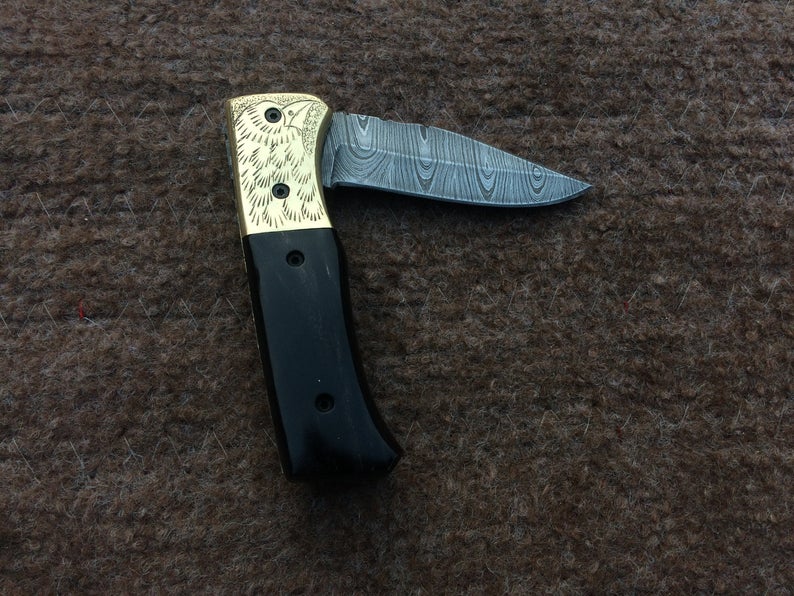 |NB KNIVES| CUSTOM HANDMADE DAMASCUS POCKET KNIFE WITH LEATHER SHEATH