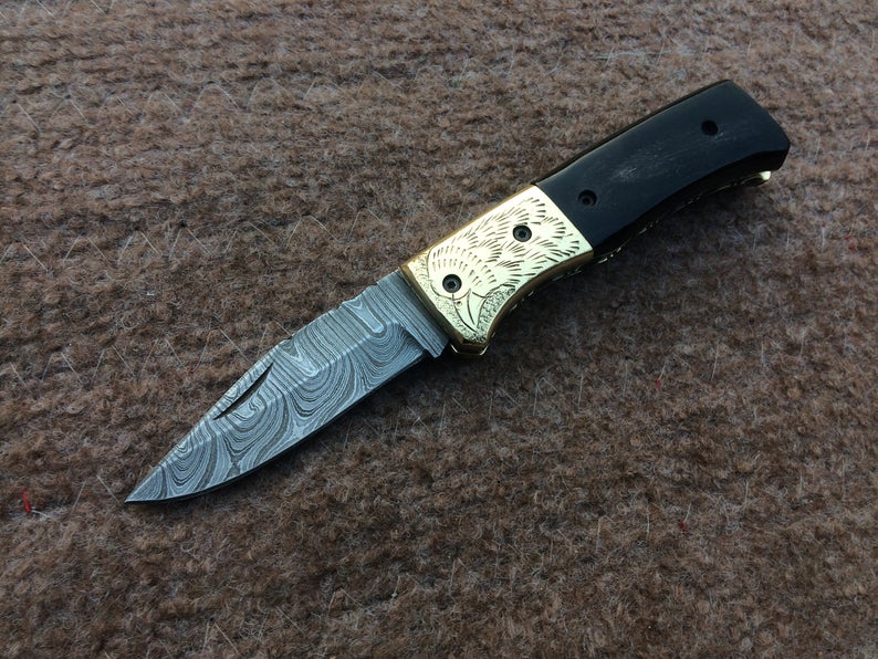 |NB KNIVES| CUSTOM HANDMADE DAMASCUS POCKET KNIFE WITH LEATHER SHEATH