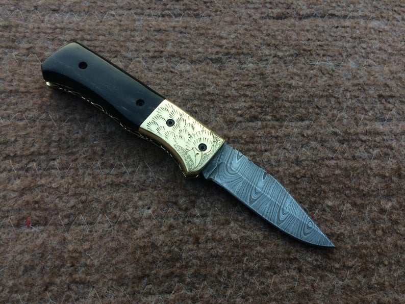 |NB KNIVES| CUSTOM HANDMADE DAMASCUS POCKET KNIFE WITH LEATHER SHEATH
