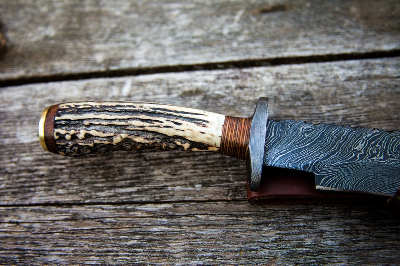 |NB KNIVES| CUSTOM HANDMADE DAMASCUS STEEL STAG HORN HUNTING KNIFE WITH LEATHER SHEATH
