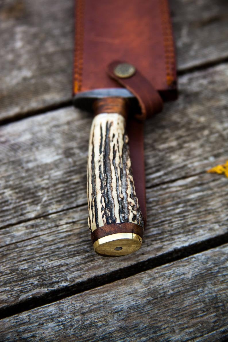 |NB KNIVES| CUSTOM HANDMADE DAMASCUS STEEL STAG HORN HUNTING KNIFE WITH LEATHER SHEATH