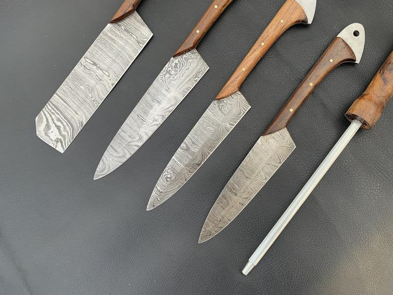 |NB KNIVES| CUSTOM HANDMADE DAMASCUS 5 PCS CHEF SET WITH LEATHER ROLL KIT