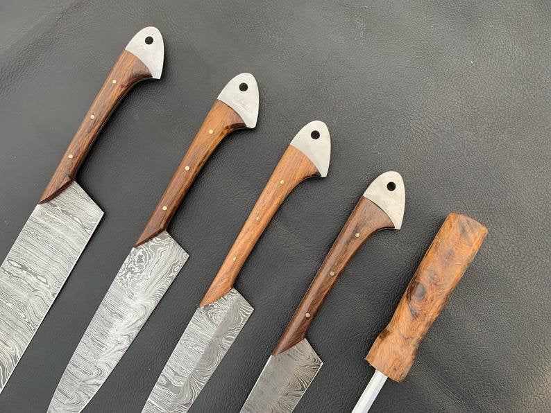 |NB KNIVES| CUSTOM HANDMADE DAMASCUS 5 PCS CHEF SET WITH LEATHER ROLL KIT