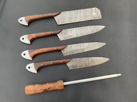 |NB KNIVES| CUSTOM HANDMADE DAMASCUS 5 PCS CHEF SET WITH LEATHER ROLL KIT